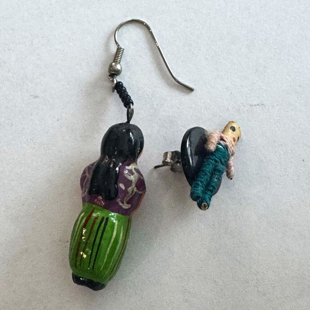 Doll Shape Multicolor Wood & Metal Beaded Dangle/Drop Earrings Hook Closure